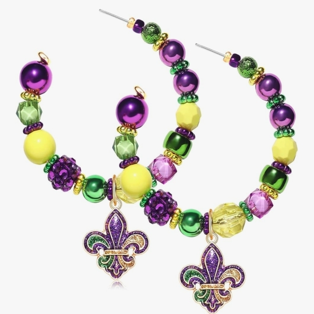 Mardi Gras Colorful Beaded Hoop Earrings with Fleur-de-Lis Charm